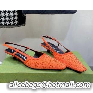 Good Quality Gucci Fabric Low Heel Slingback Pumps with Crystal GG 3.5cm Orange 122922