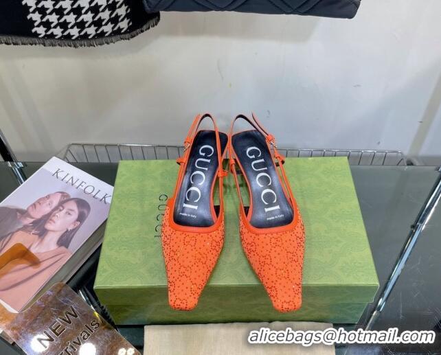 Good Quality Gucci Fabric Low Heel Slingback Pumps with Crystal GG 3.5cm Orange 122922