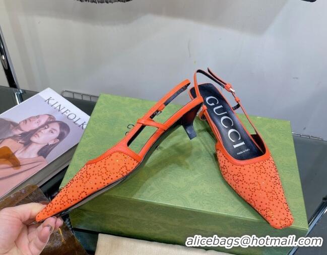 Good Quality Gucci Fabric Low Heel Slingback Pumps with Crystal GG 3.5cm Orange 122922