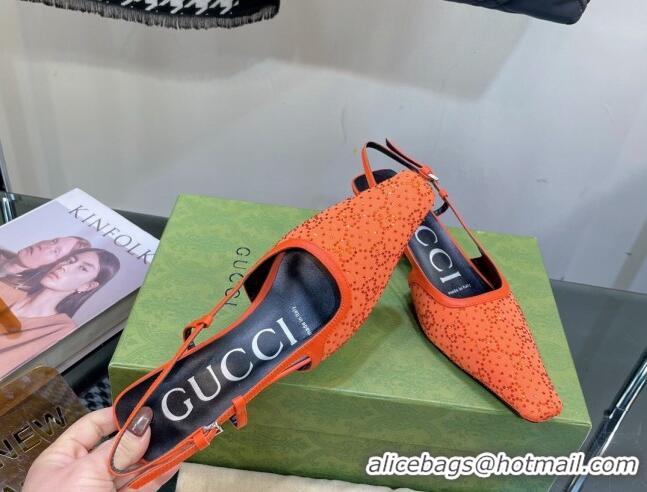 Good Quality Gucci Fabric Low Heel Slingback Pumps with Crystal GG 3.5cm Orange 122922