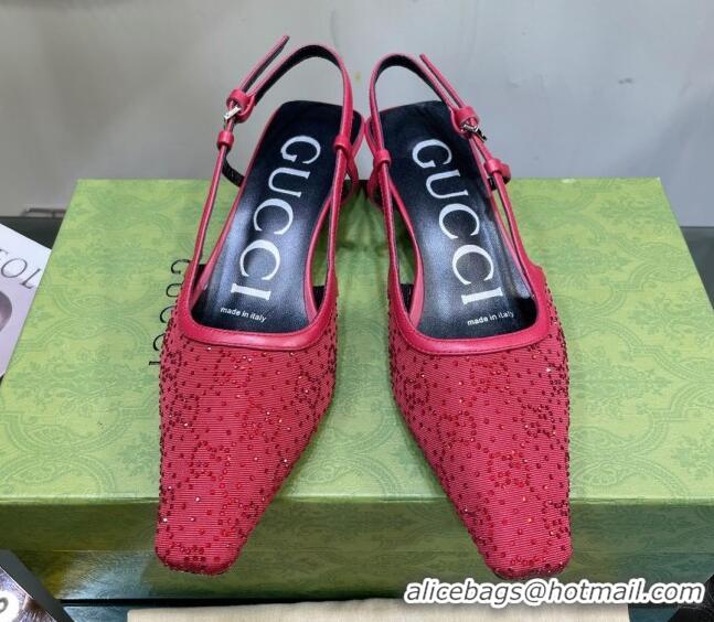 Pretty Style Gucci Fabric Low Heel Slingback Pumps with Crystal GG 3.5cm Red 122924