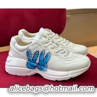 Classic Hot Gucci Rhyton Leather Sneakers White/Blue 2023 Year of the Rabbit 012974