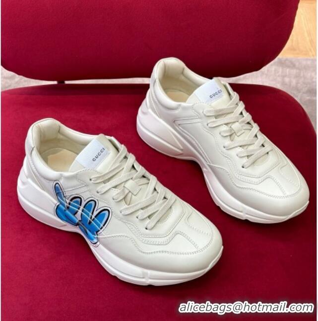 Classic Hot Gucci Rhyton Leather Sneakers White/Blue 2023 Year of the Rabbit 012974