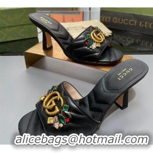 Durable Gucci Calfskin Heel Slide Sandals with Crystal Charm 7.5cm Black 013001