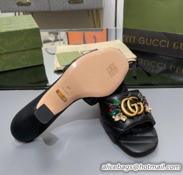 Durable Gucci Calfskin Heel Slide Sandals with Crystal Charm 7.5cm Black 013001