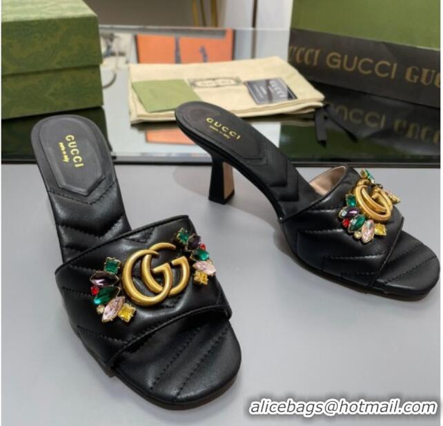 Durable Gucci Calfskin Heel Slide Sandals with Crystal Charm 7.5cm Black 013001