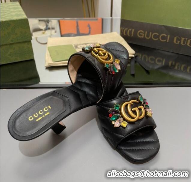 Durable Gucci Calfskin Heel Slide Sandals with Crystal Charm 7.5cm Black 013001