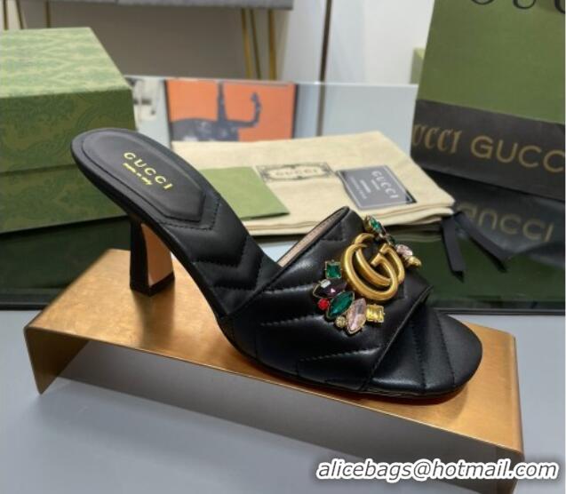 Durable Gucci Calfskin Heel Slide Sandals with Crystal Charm 7.5cm Black 013001