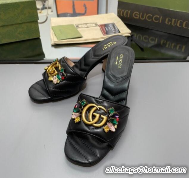 Durable Gucci Calfskin Heel Slide Sandals with Crystal Charm 7.5cm Black 013001