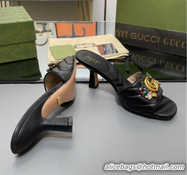 Durable Gucci Calfskin Heel Slide Sandals with Crystal Charm 7.5cm Black 013001