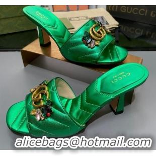 Best Grade Gucci Calfskin Heel Slide Sandals with Crystal Charm 7.5cm Green 013002