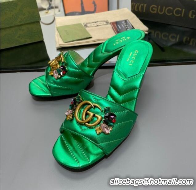 Best Grade Gucci Calfskin Heel Slide Sandals with Crystal Charm 7.5cm Green 013002