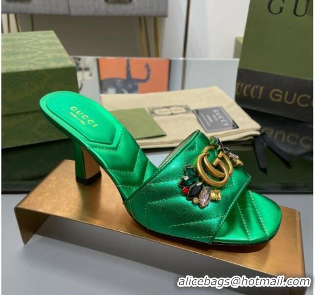 Best Grade Gucci Calfskin Heel Slide Sandals with Crystal Charm 7.5cm Green 013002