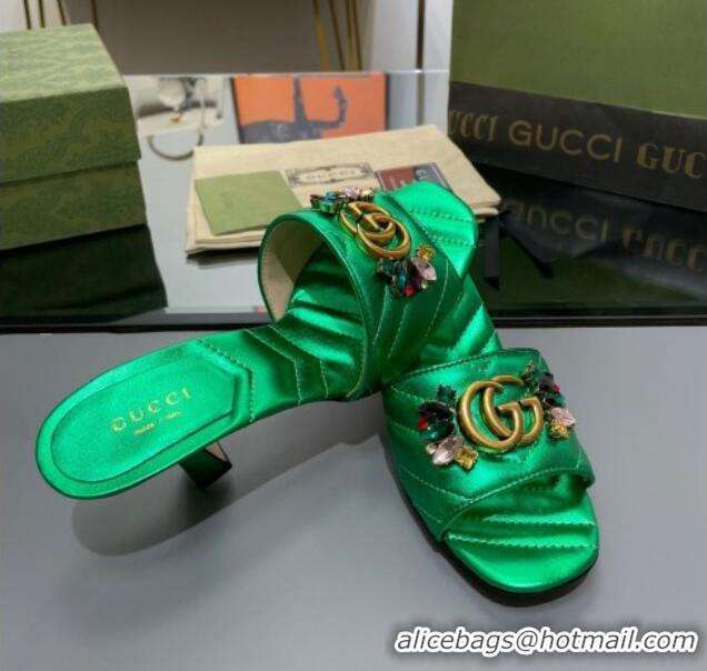 Best Grade Gucci Calfskin Heel Slide Sandals with Crystal Charm 7.5cm Green 013002