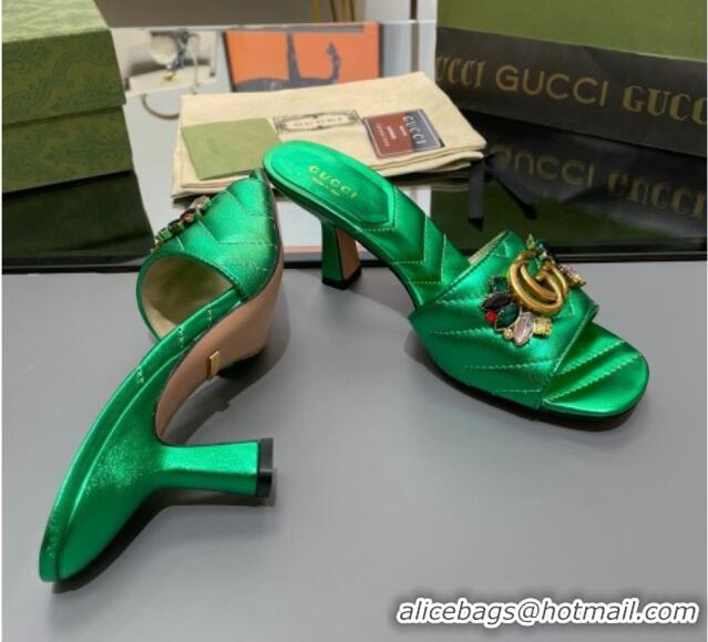 Best Grade Gucci Calfskin Heel Slide Sandals with Crystal Charm 7.5cm Green 013002