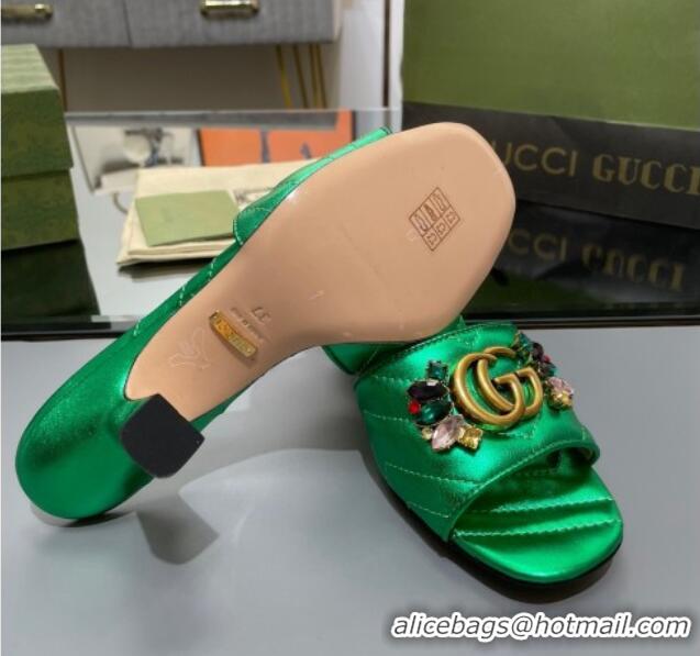 Best Grade Gucci Calfskin Heel Slide Sandals with Crystal Charm 7.5cm Green 013002