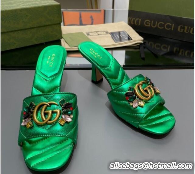 Best Grade Gucci Calfskin Heel Slide Sandals with Crystal Charm 7.5cm Green 013002