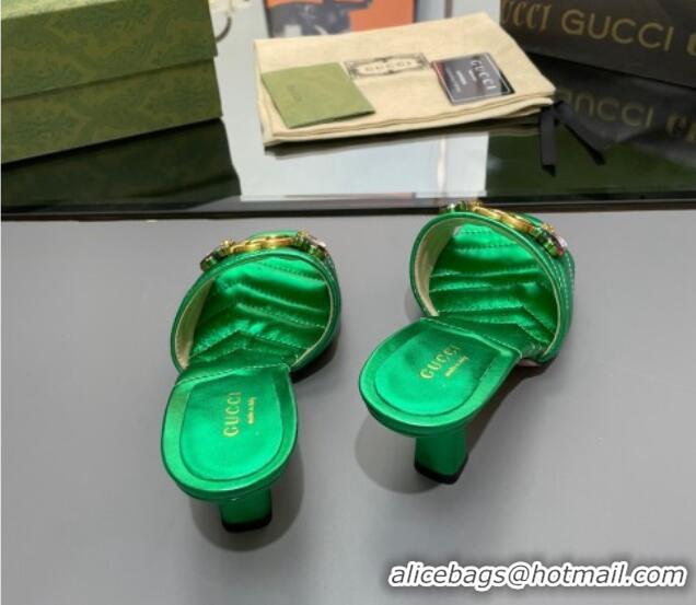 Best Grade Gucci Calfskin Heel Slide Sandals with Crystal Charm 7.5cm Green 013002