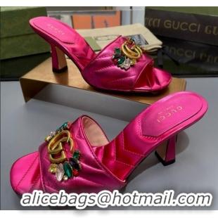 Good Looking Gucci Calfskin Heel Slide Sandals with Crystal Charm 7.5cm Pink 013003