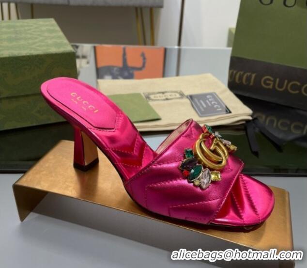 Good Looking Gucci Calfskin Heel Slide Sandals with Crystal Charm 7.5cm Pink 013003