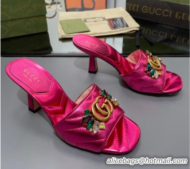 Good Looking Gucci Calfskin Heel Slide Sandals with Crystal Charm 7.5cm Pink 013003