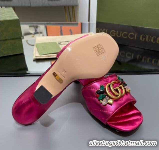 Good Looking Gucci Calfskin Heel Slide Sandals with Crystal Charm 7.5cm Pink 013003