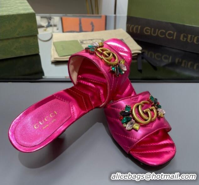 Good Looking Gucci Calfskin Heel Slide Sandals with Crystal Charm 7.5cm Pink 013003