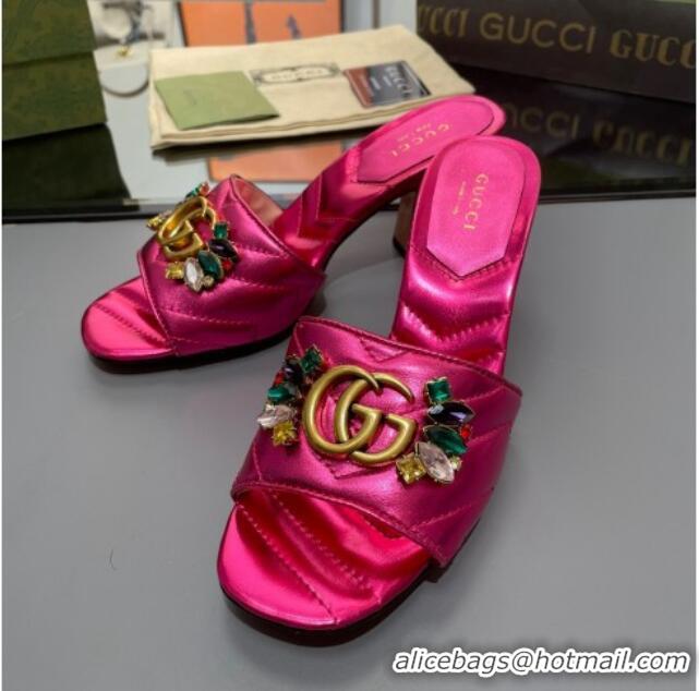 Good Looking Gucci Calfskin Heel Slide Sandals with Crystal Charm 7.5cm Pink 013003