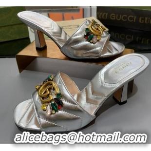 Best Product Gucci Calfskin Heel Slide Sandals with Crystal Charm 7.5cm Silver 013004