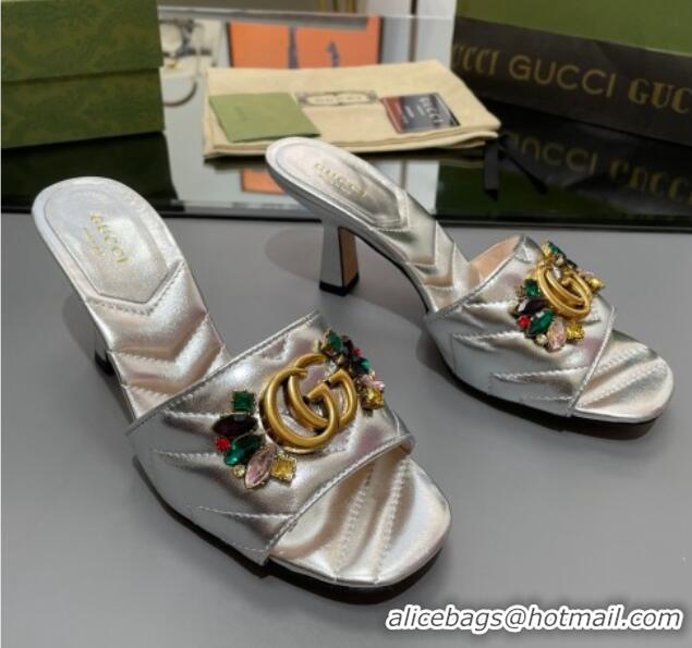 Best Product Gucci Calfskin Heel Slide Sandals with Crystal Charm 7.5cm Silver 013004