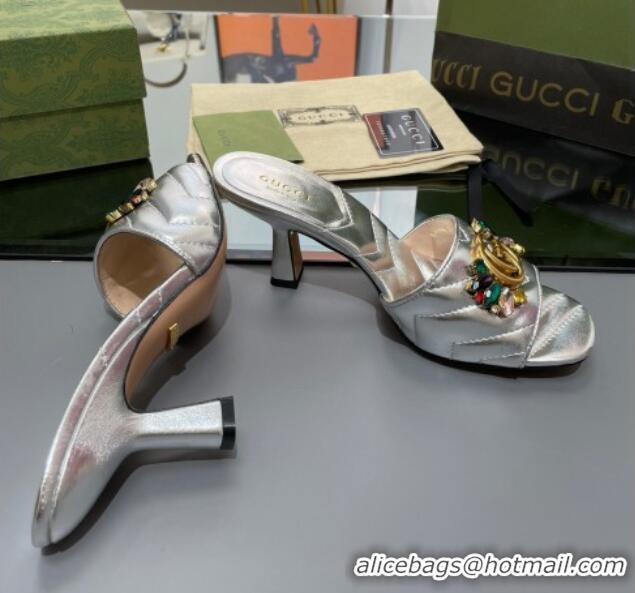 Best Product Gucci Calfskin Heel Slide Sandals with Crystal Charm 7.5cm Silver 013004