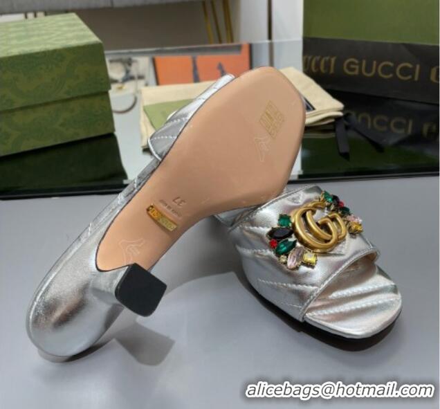 Best Product Gucci Calfskin Heel Slide Sandals with Crystal Charm 7.5cm Silver 013004