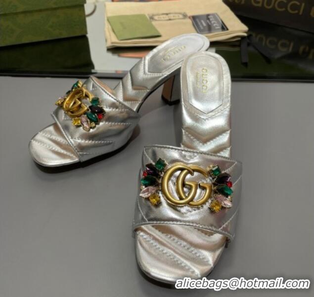 Best Product Gucci Calfskin Heel Slide Sandals with Crystal Charm 7.5cm Silver 013004