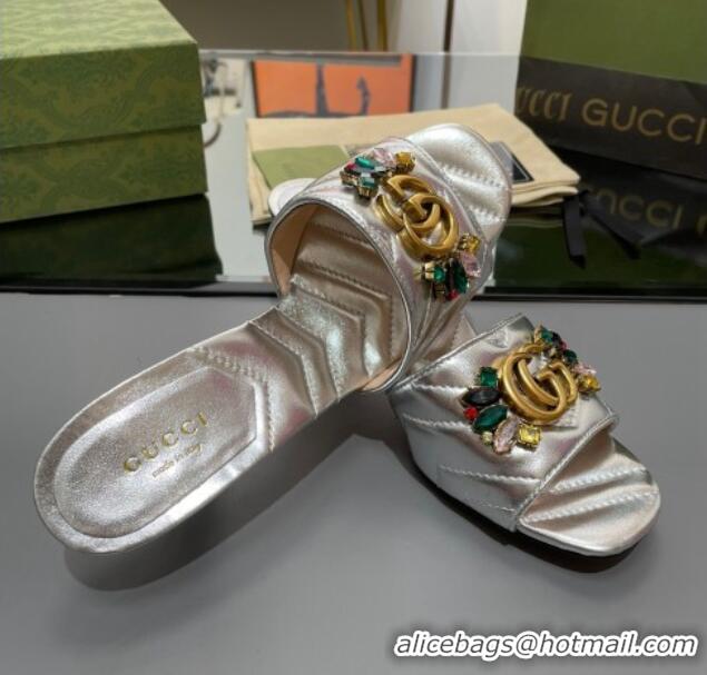 Best Product Gucci Calfskin Heel Slide Sandals with Crystal Charm 7.5cm Silver 013004