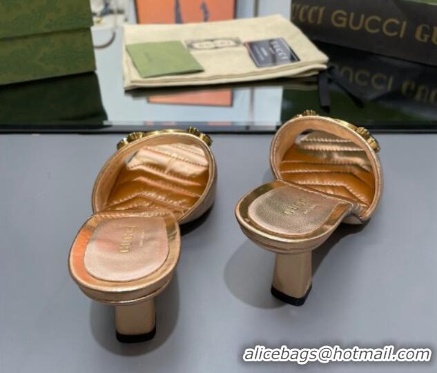 Best Price Gucci Calfskin Heel Slide Sandals with Crystal Charm 7.5cm Gold 013005