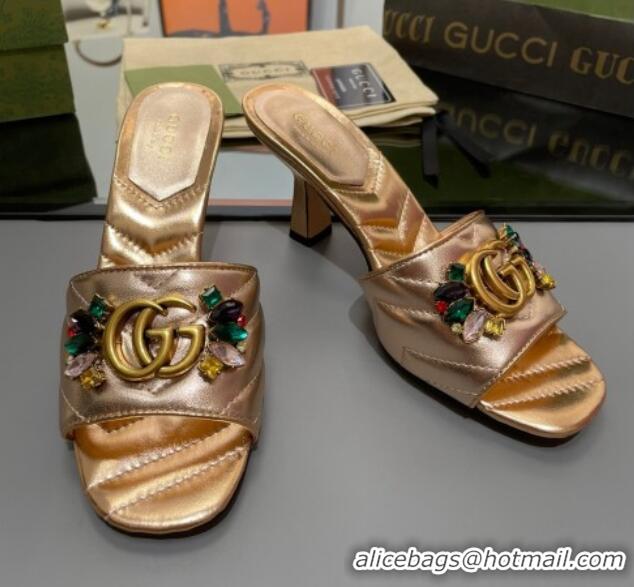 Best Price Gucci Calfskin Heel Slide Sandals with Crystal Charm 7.5cm Gold 013005