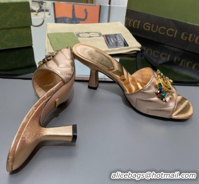 Best Price Gucci Calfskin Heel Slide Sandals with Crystal Charm 7.5cm Gold 013005