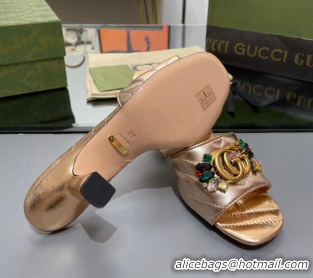 Best Price Gucci Calfskin Heel Slide Sandals with Crystal Charm 7.5cm Gold 013005