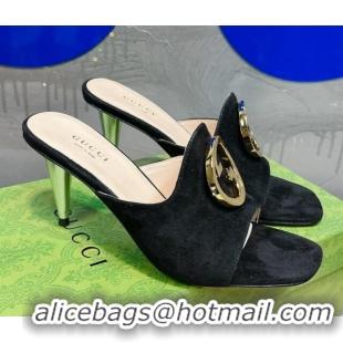 Top Grade Gucci Blondie Suede Heel Slide Sandals with Interlocking G 7.5cm Black 013006