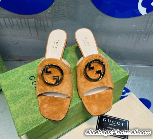 Stylish Gucci Blondie Suede Heel Slide Sandals with Interlocking G 7.5cm Light Brown 013007