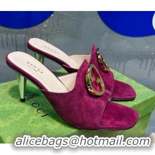 Popular Style Gucci Blondie Suede Heel Slide Sandals with Interlocking G 7.5cm Purple 013008