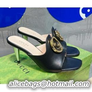 Purchase Gucci Blondie Leather Heel Slide Sandals with Interlocking G 7.5cm Black 013009