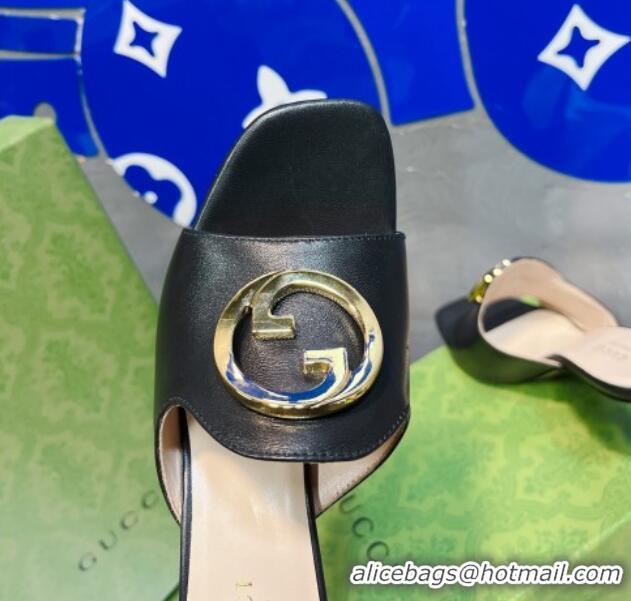 Purchase Gucci Blondie Leather Heel Slide Sandals with Interlocking G 7.5cm Black 013009