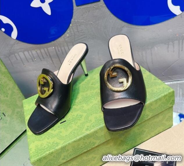 Purchase Gucci Blondie Leather Heel Slide Sandals with Interlocking G 7.5cm Black 013009