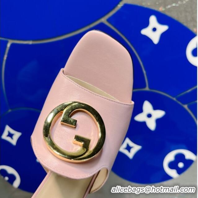 Luxury Gucci Blondie Leather Heel Slide Sandals with Interlocking G 7.5cm Light Pink 013011