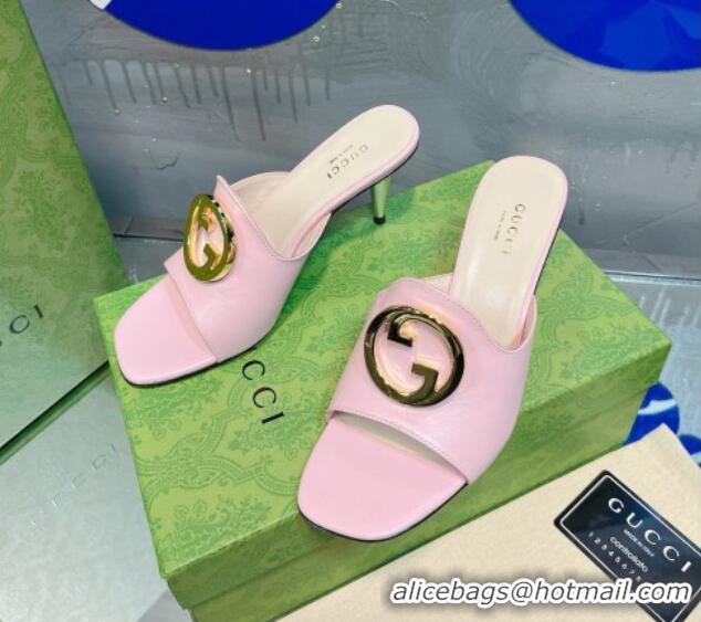 Luxury Gucci Blondie Leather Heel Slide Sandals with Interlocking G 7.5cm Light Pink 013011