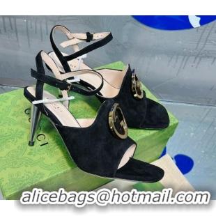 Discount Fashion Gucci Blondie Suede Heeled Sandals with Interlocking G 7.5cm Black 013012