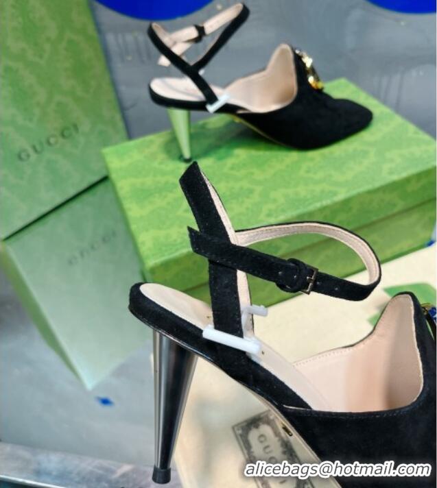 Discount Fashion Gucci Blondie Suede Heeled Sandals with Interlocking G 7.5cm Black 013012