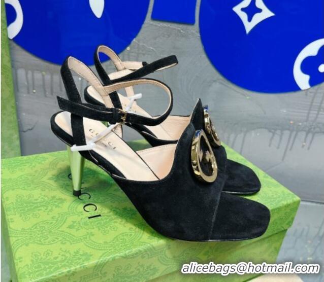 Discount Fashion Gucci Blondie Suede Heeled Sandals with Interlocking G 7.5cm Black 013012