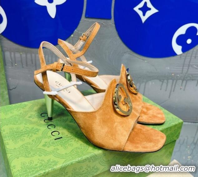 Low Cost Gucci Blondie Suede Heeled Sandals with Interlocking G 7.5cm Light Brown 013014